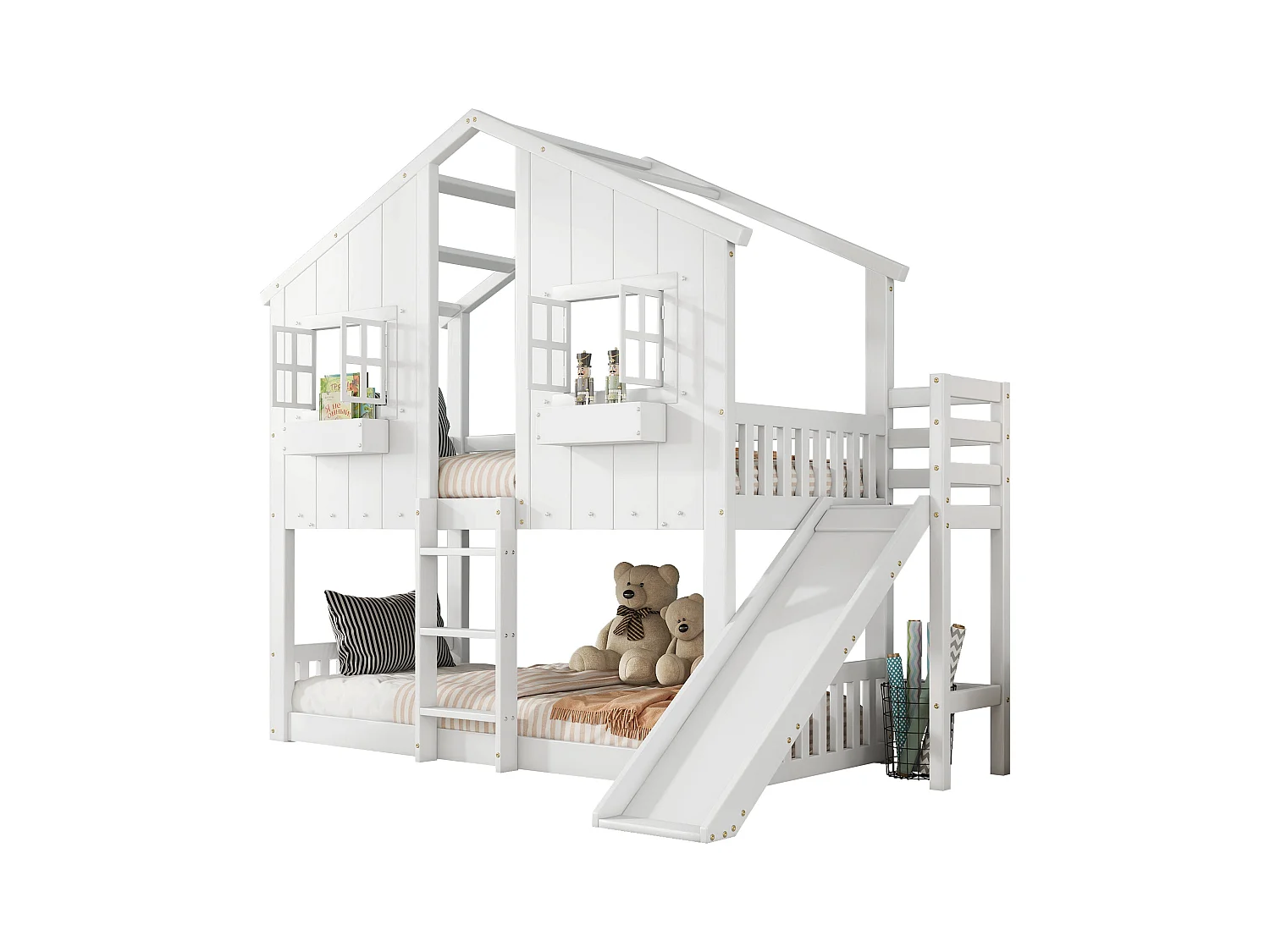 Lit superposé en bois massif avec échelle et toboggan - 90x200 cm - Blanc