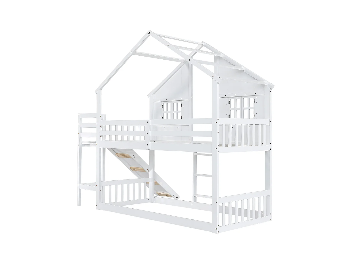 Lit superposé en bois massif avec échelle et toboggan - 90x200 cm - Blanc