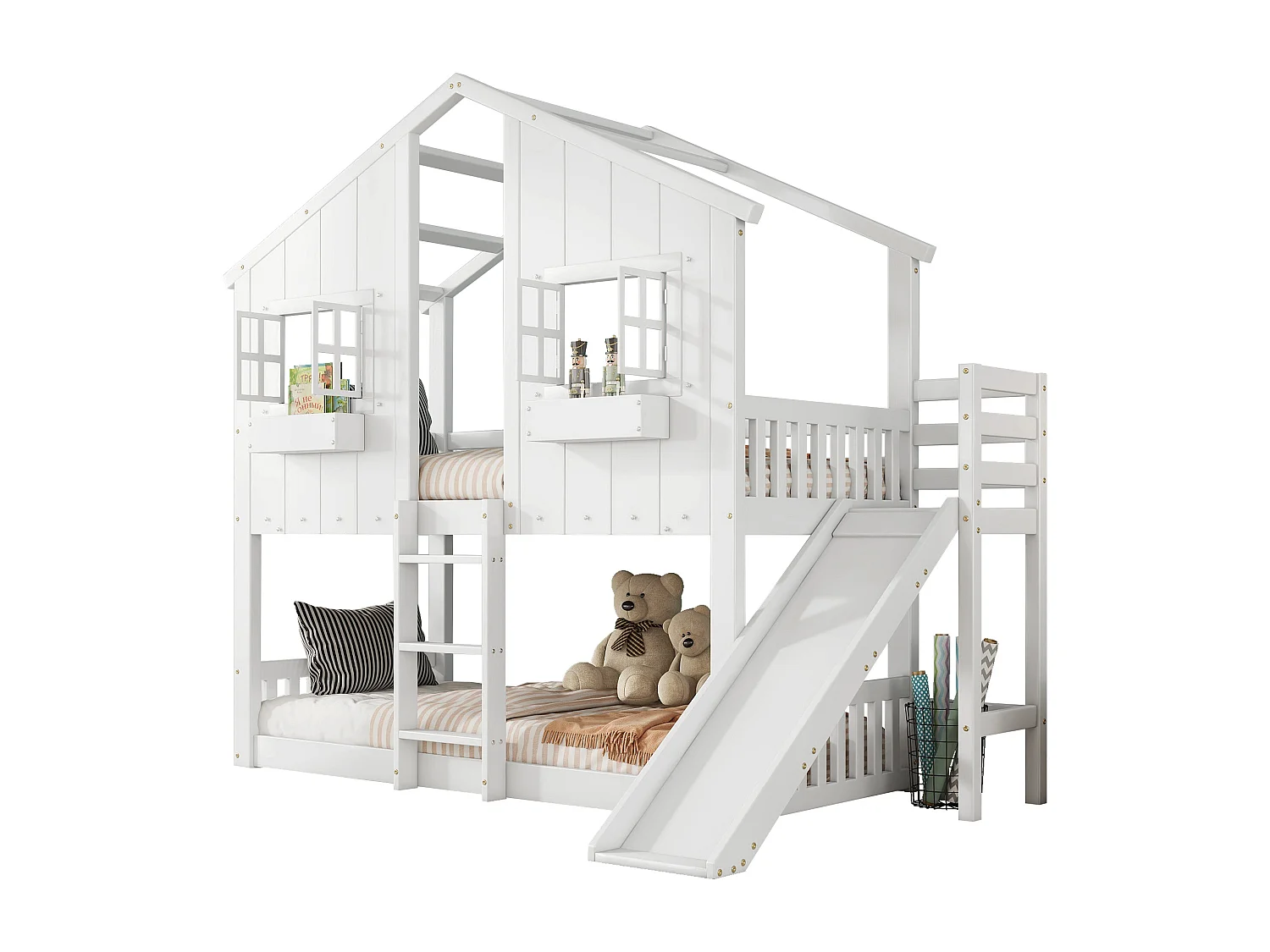 Lit superposé en bois massif avec échelle et toboggan - 90x200 cm - Blanc