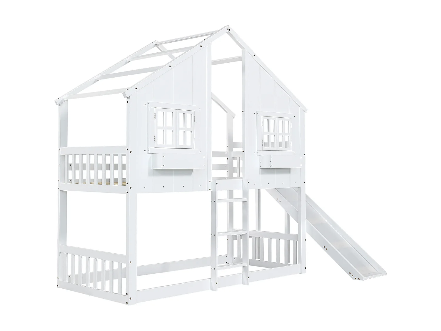 Lit superposé en bois massif avec échelle et toboggan - 90x200 cm - Blanc