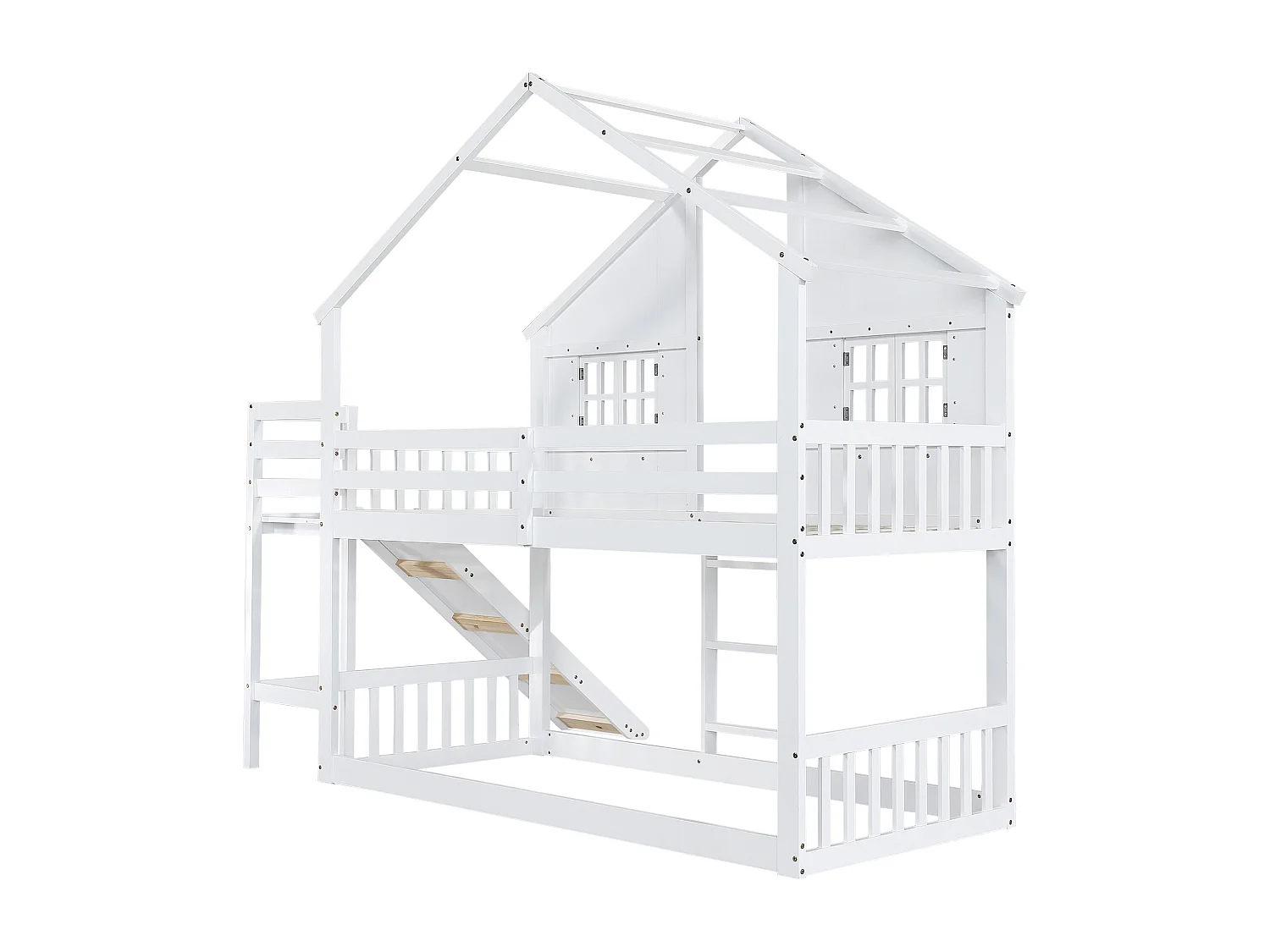 Lit superposé en bois massif avec échelle et toboggan - 90x200 cm - Blanc