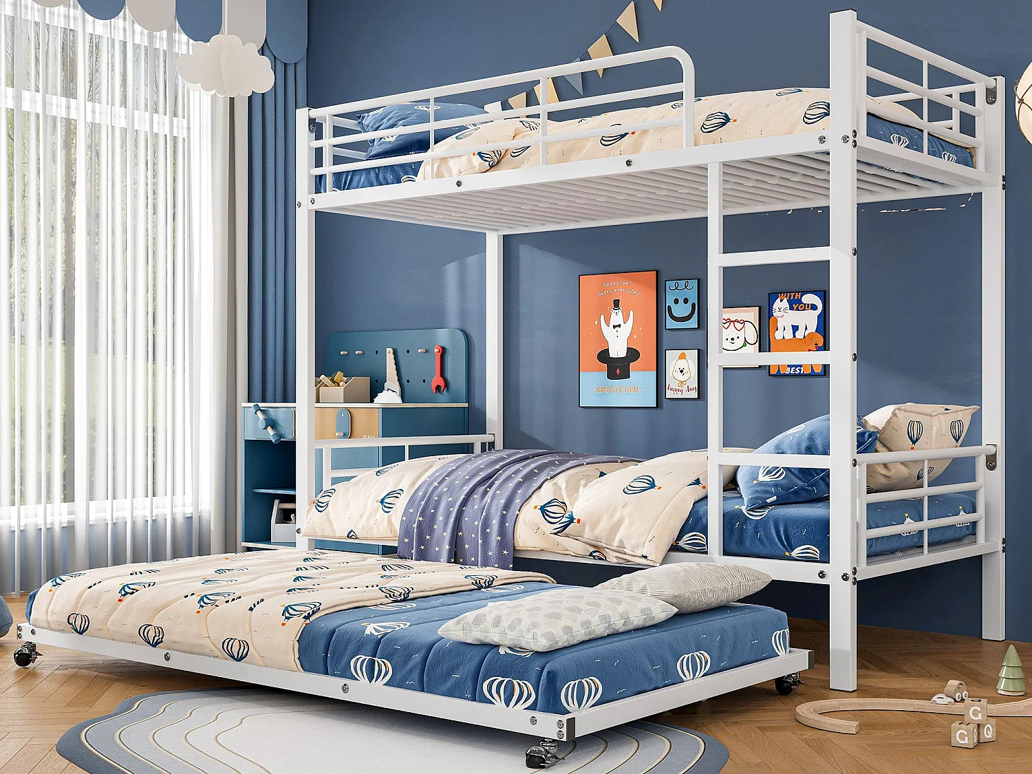 Letto a castello in ferro battuto 90x200 cm - con letto estraibile 90x190 cm - Bianco