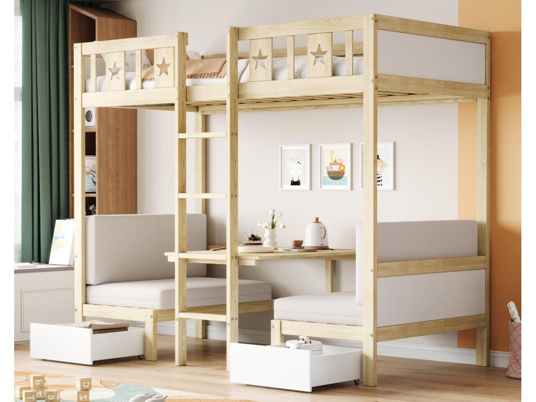 Stapelbed 90x200cm - bureau om te bouwen tot bed eronder - met 2 lades en ladder - Wit & Naturel