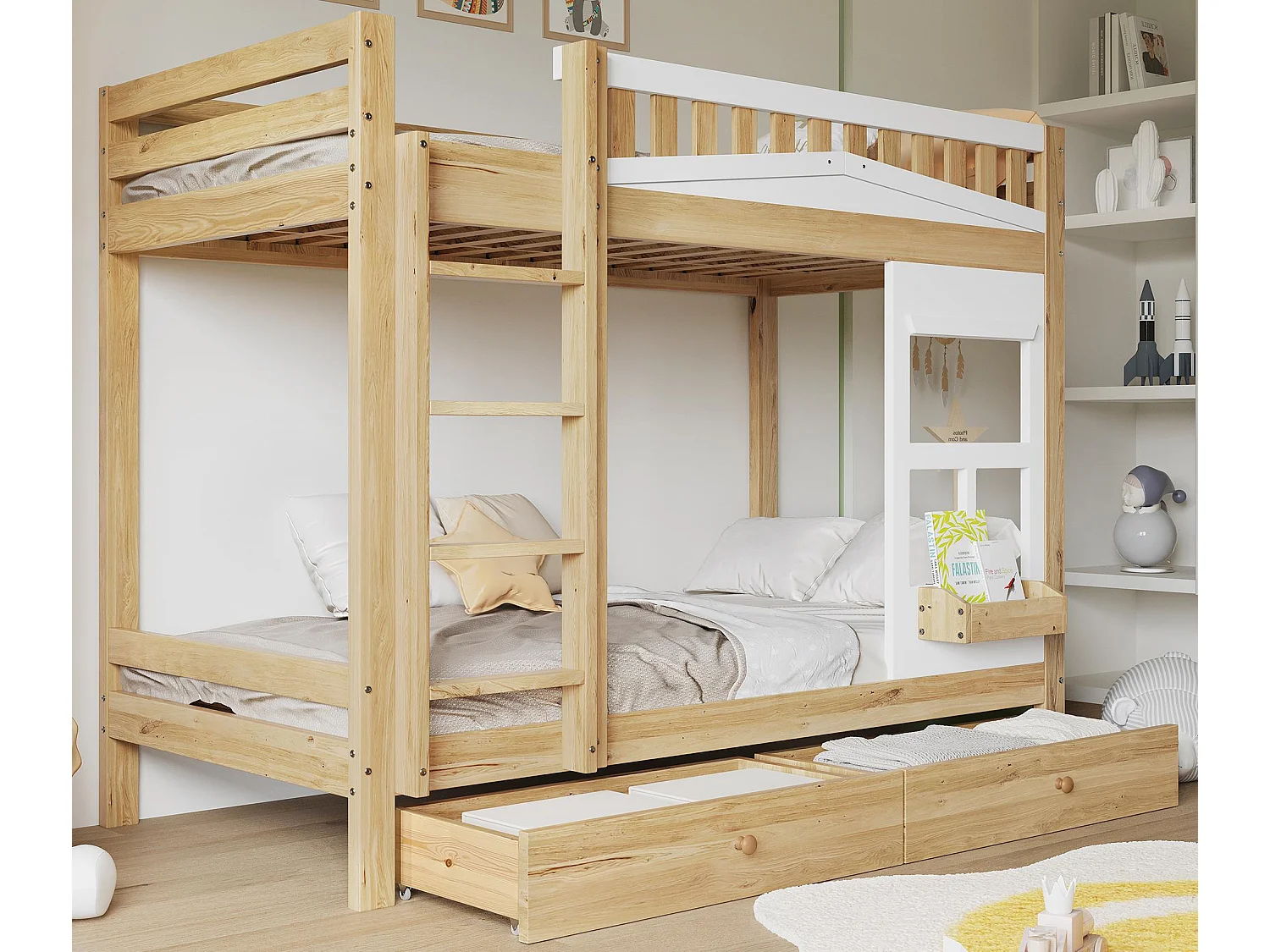 Litera de madera - 2x90x200 cm - con 2 cajones - Natural