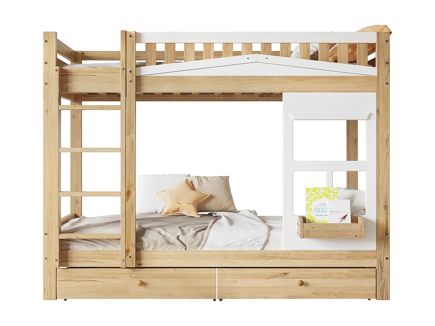 Litera de madera - 2x90x200 cm - con 2 cajones - Natural