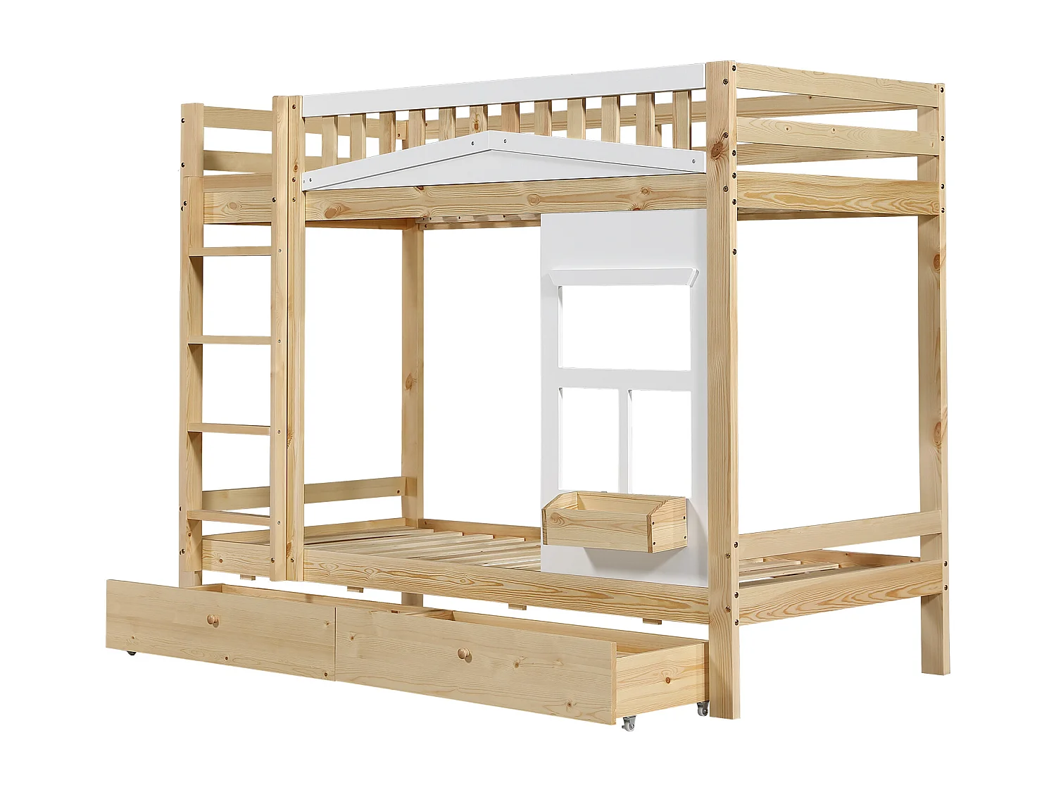 Litera de madera - 2x90x200 cm - con 2 cajones - Natural