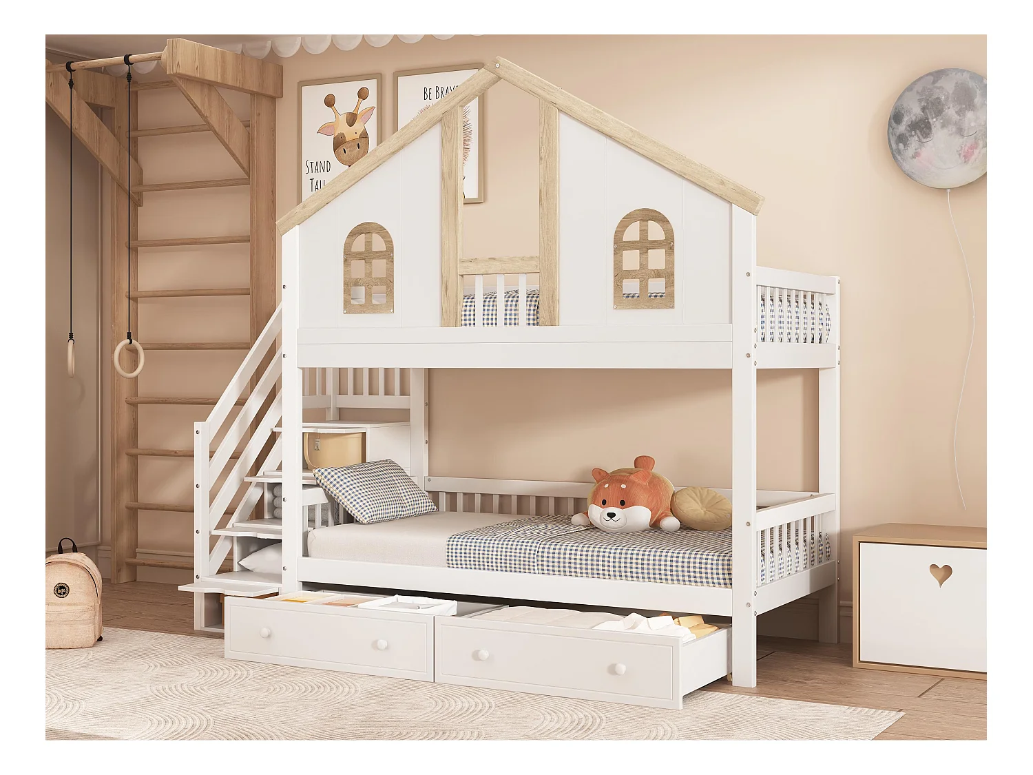 Lit superposé avec escalier de rangement et 2 tiroirs sous le lit - 90x200 cm - avec sommier à lattes - Blanc & Naturel