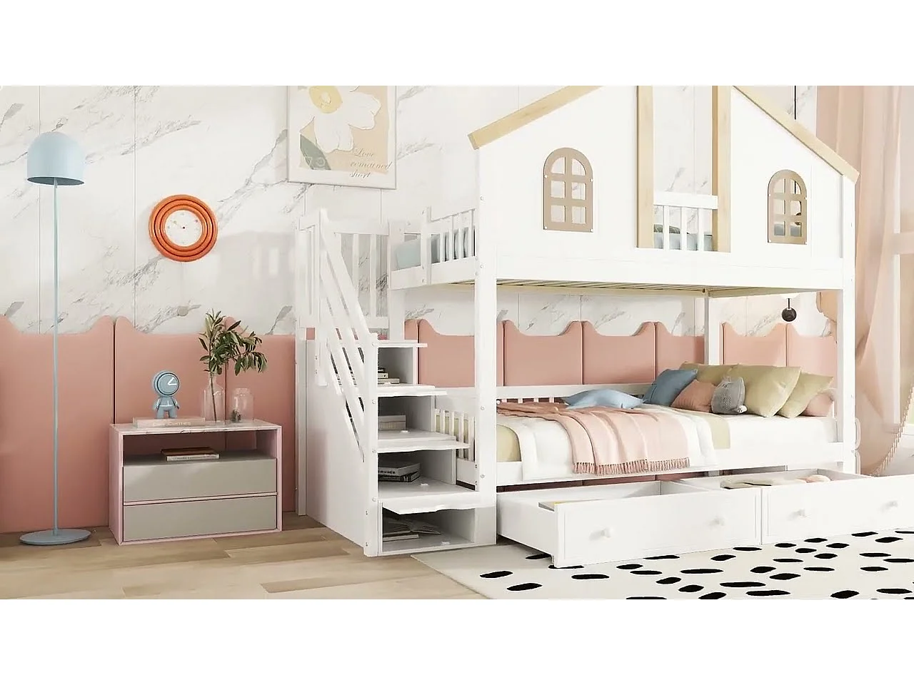 Beliche com escada de arrumação e 2 gavetas debaixo da cama - 90x200 cm - com base de ripas - Branco e Natural