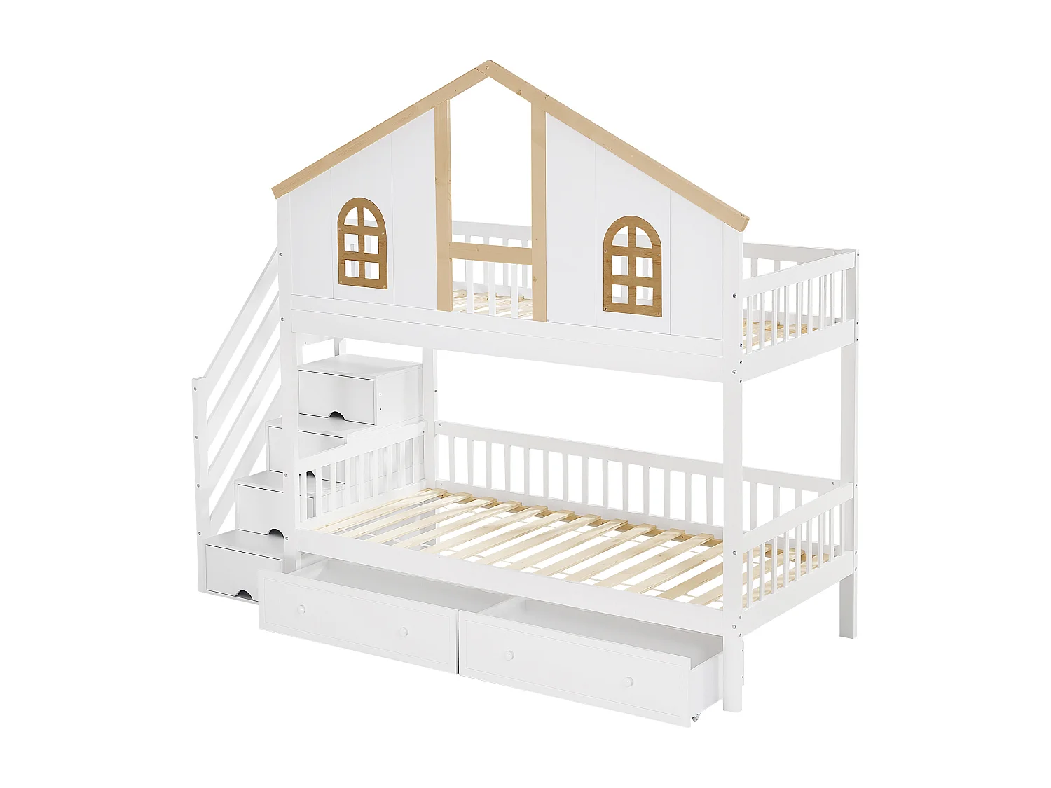 Beliche com escada de arrumação e 2 gavetas debaixo da cama - 90x200 cm - com base de ripas - Branco e Natural