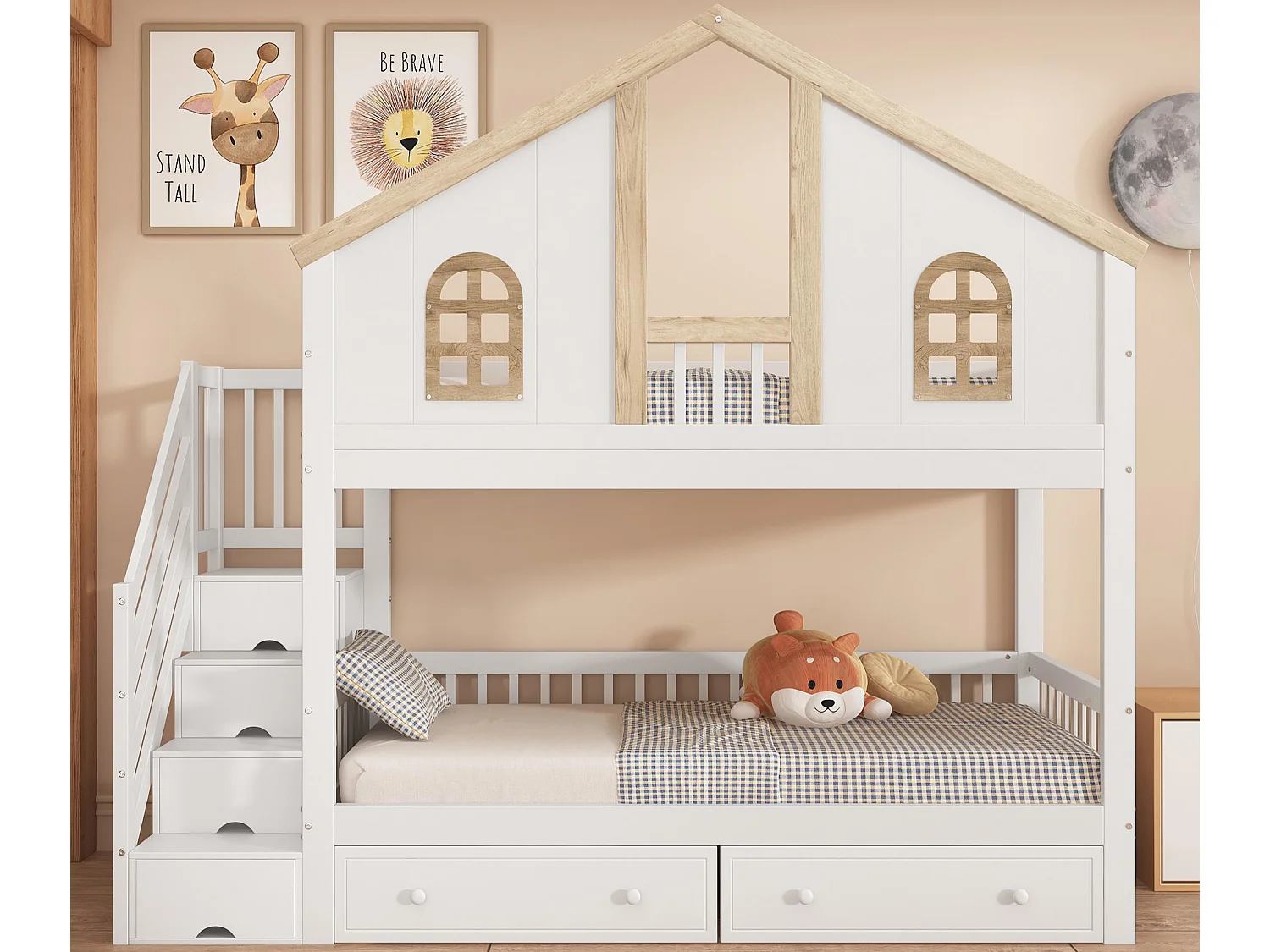 Beliche com escada de arrumação e 2 gavetas debaixo da cama - 90x200 cm - com base de ripas - Branco e Natural