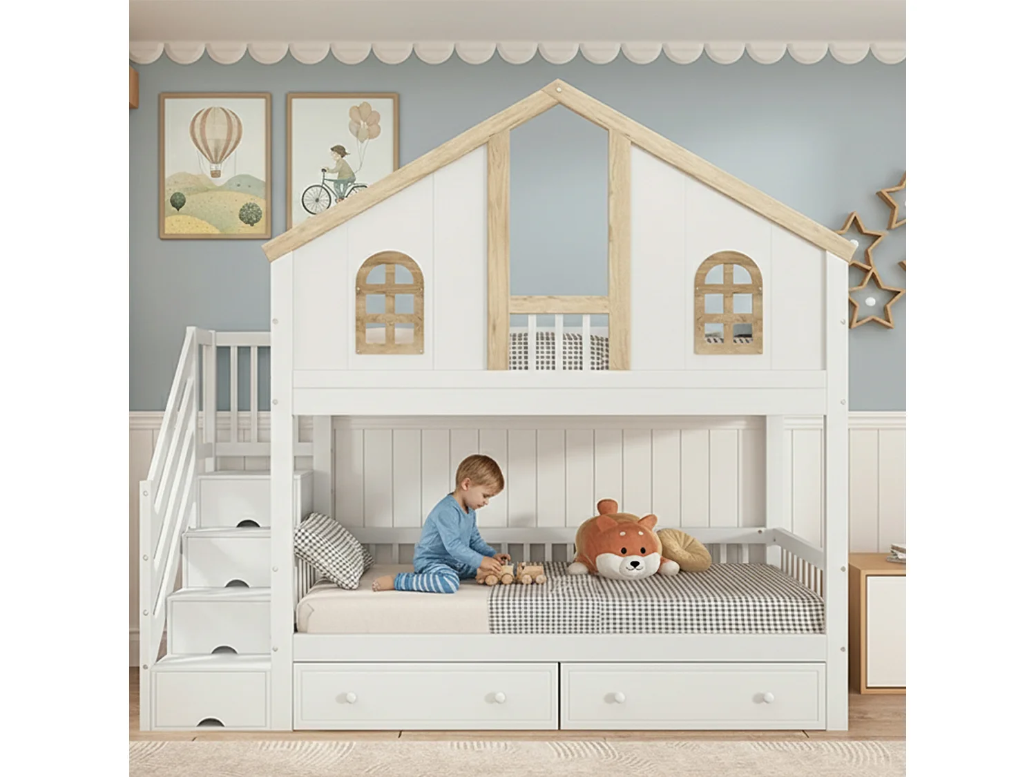 Beliche com escada de arrumação e 2 gavetas debaixo da cama - 90x200 cm - com base de ripas - Branco e Natural