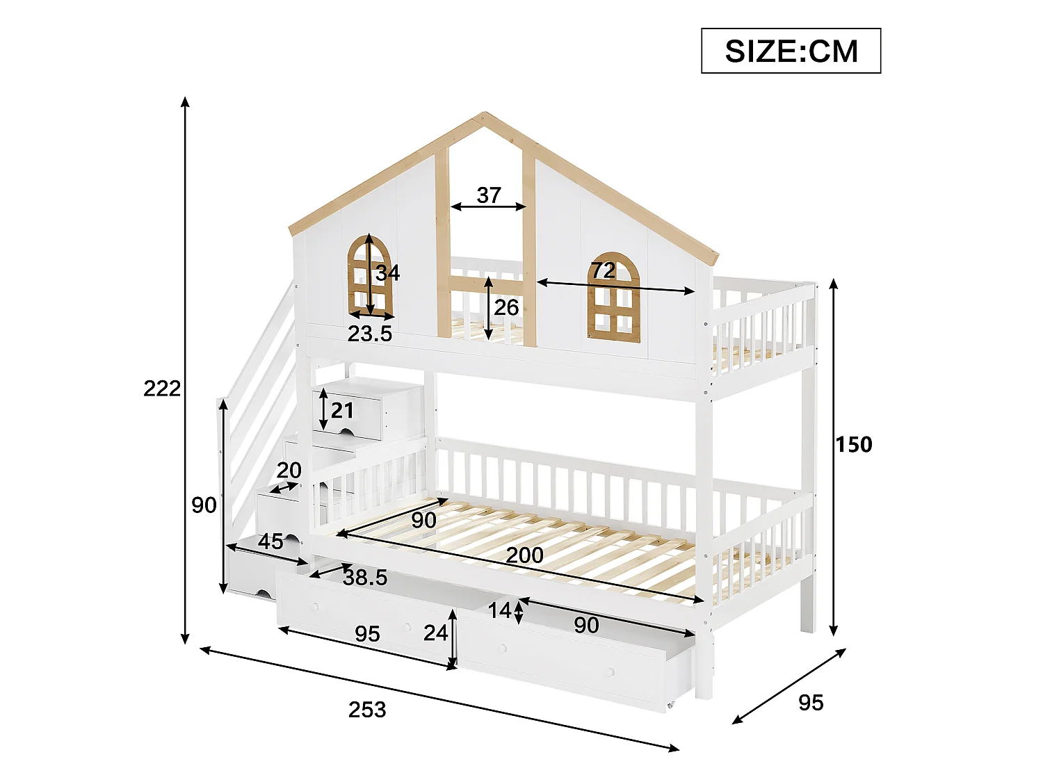 Beliche com escada de arrumação e 2 gavetas debaixo da cama - 90x200 cm - com base de ripas - Branco e Natural