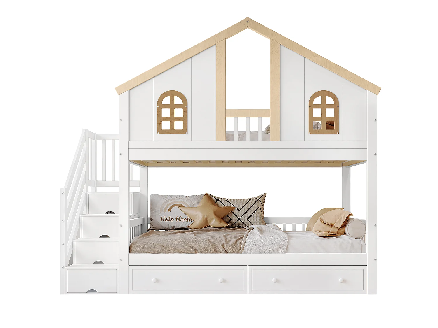 Beliche com escada de arrumação e 2 gavetas debaixo da cama - 90x200 cm - com base de ripas - Branco e Natural
