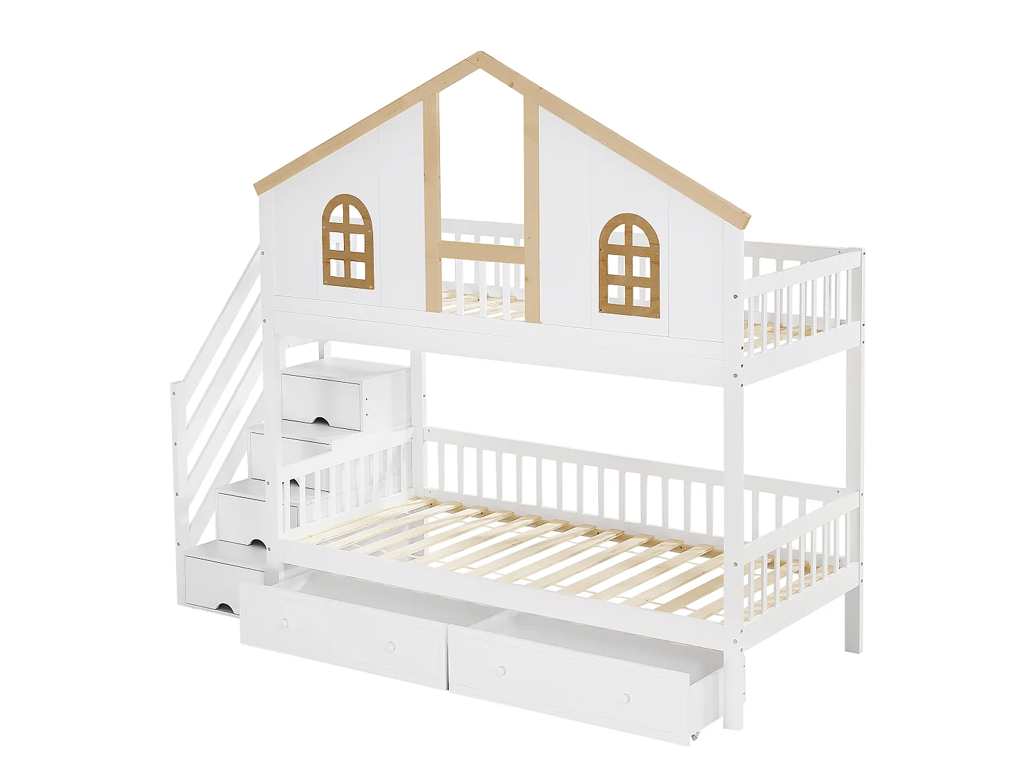 Beliche com escada de arrumação e 2 gavetas debaixo da cama - 90x200 cm - com base de ripas - Branco e Natural