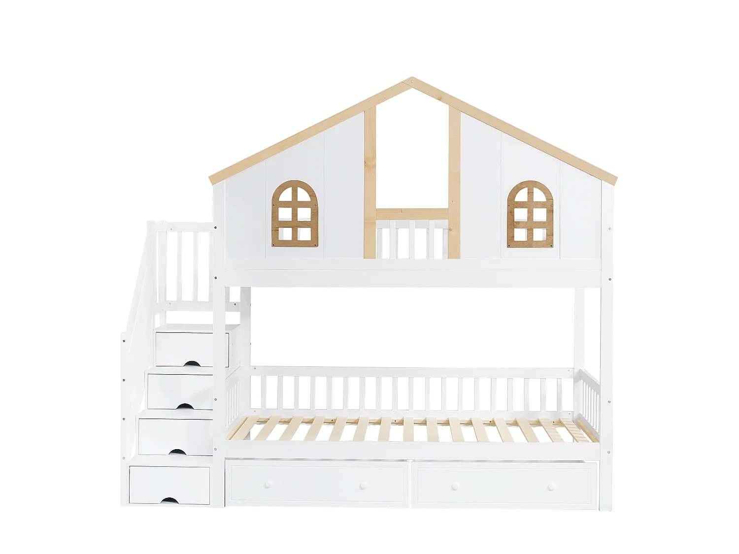 Beliche com escada de arrumação e 2 gavetas debaixo da cama - 90x200 cm - com base de ripas - Branco e Natural