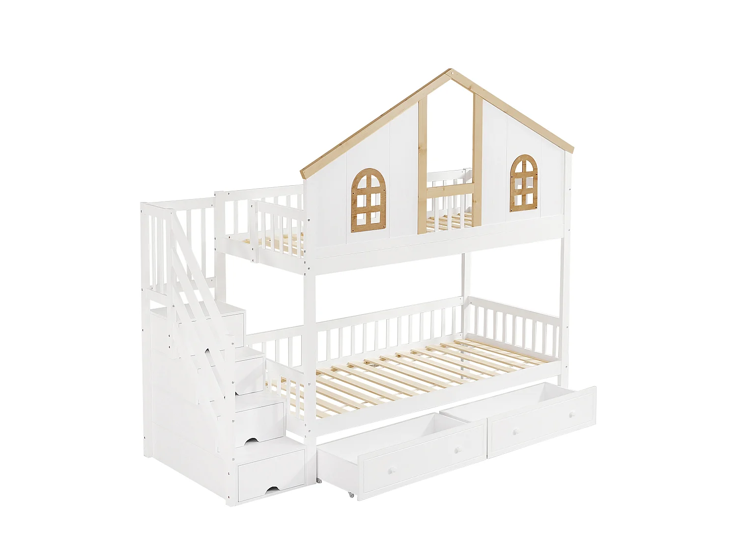 Beliche com escada de arrumação e 2 gavetas debaixo da cama - 90x200 cm - com base de ripas - Branco e Natural