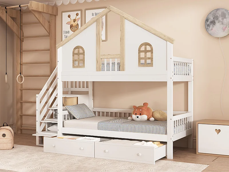 Etagenbett mit Stauraumtreppe und 2 Schubladen unter dem Bett – 90 x 200 cm – mit Lattenrost – Weiß und Natur