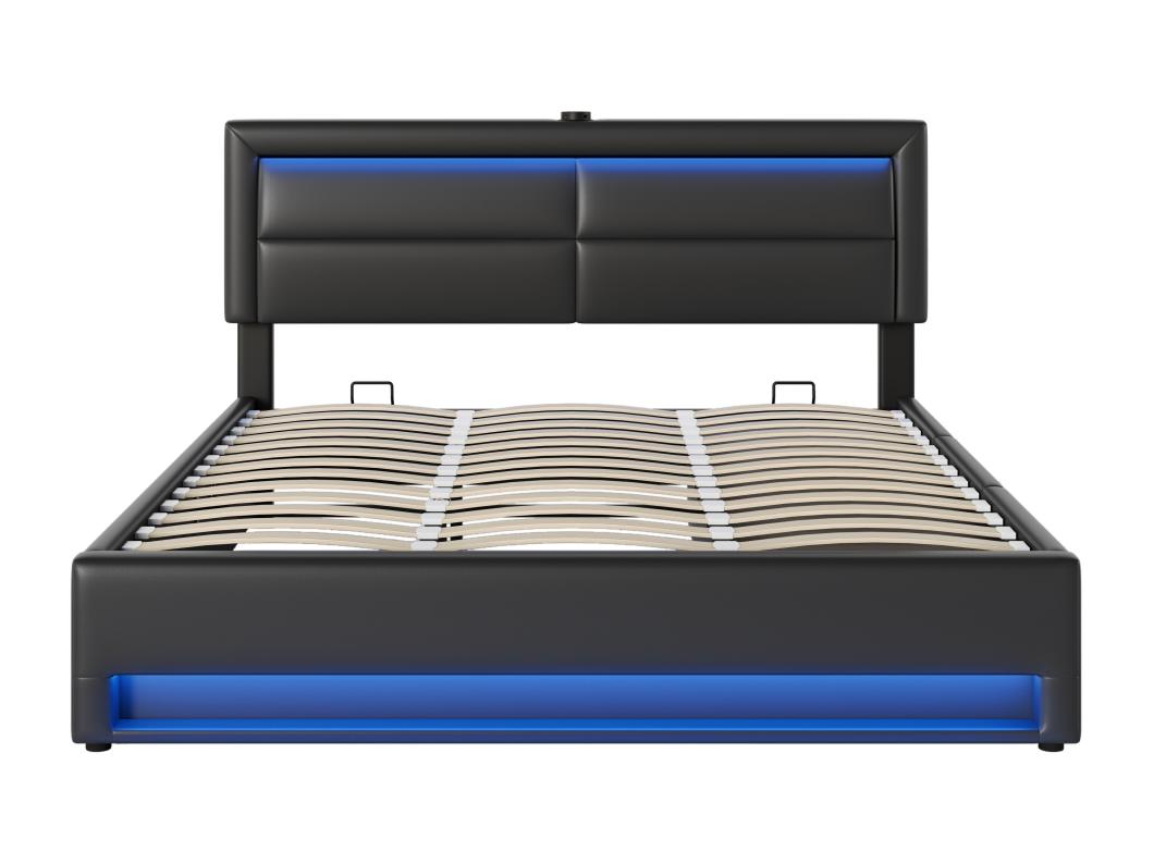 Opbergbed met lades 160x200 cm in kunstleer - met LED en oplaadpoorten (bedraad & draadloos) - Zwart