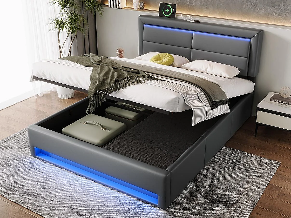 Opbergbed met lades 140x190 cm in kunstleer - met LED en oplaadpoorten (bedraad & draadloos) - Grijs