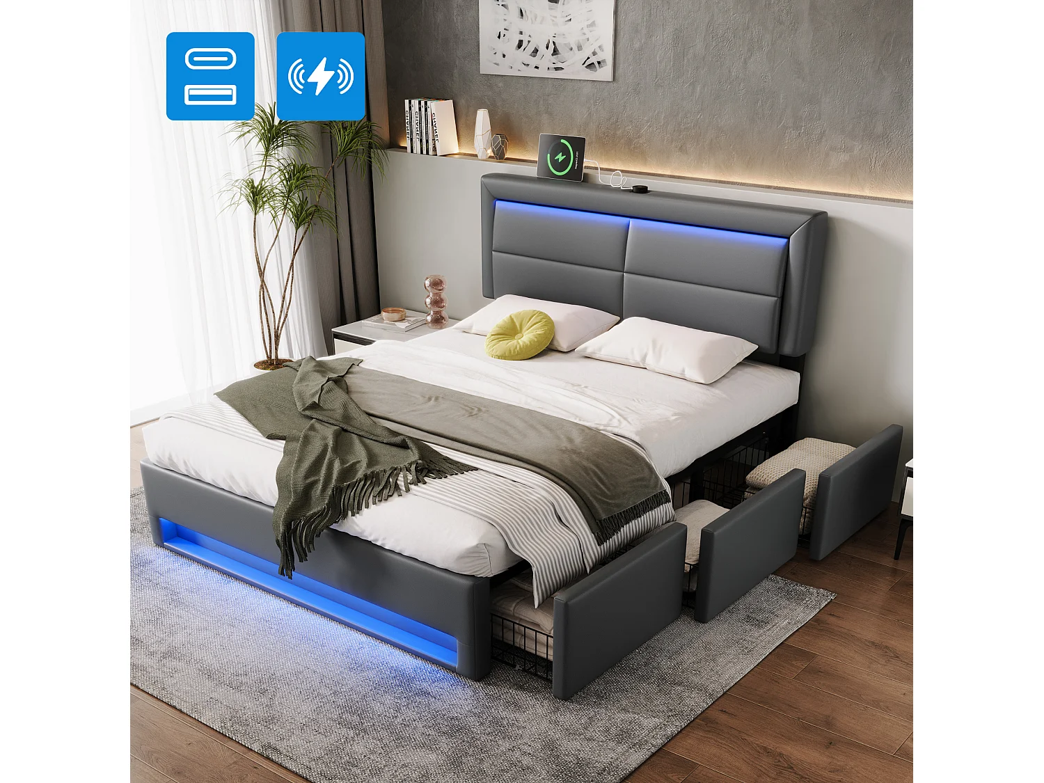 Opbergbed met lades 140x190 cm in kunstleer - met LED en oplaadpoorten (bedraad & draadloos) - Grijs