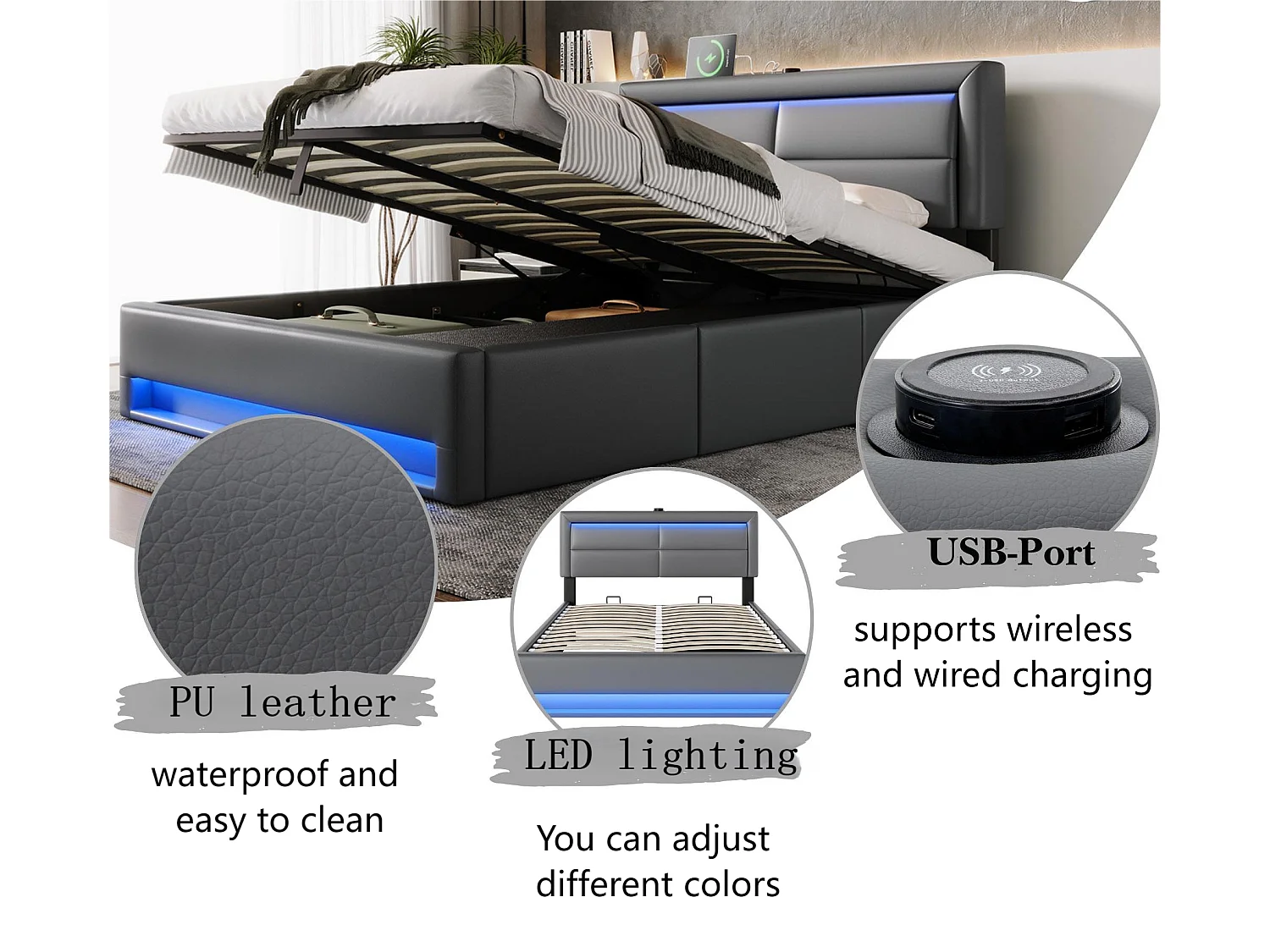 Opbergbed met lades 140x190 cm in kunstleer - met LED en oplaadpoorten (bedraad & draadloos) - Grijs