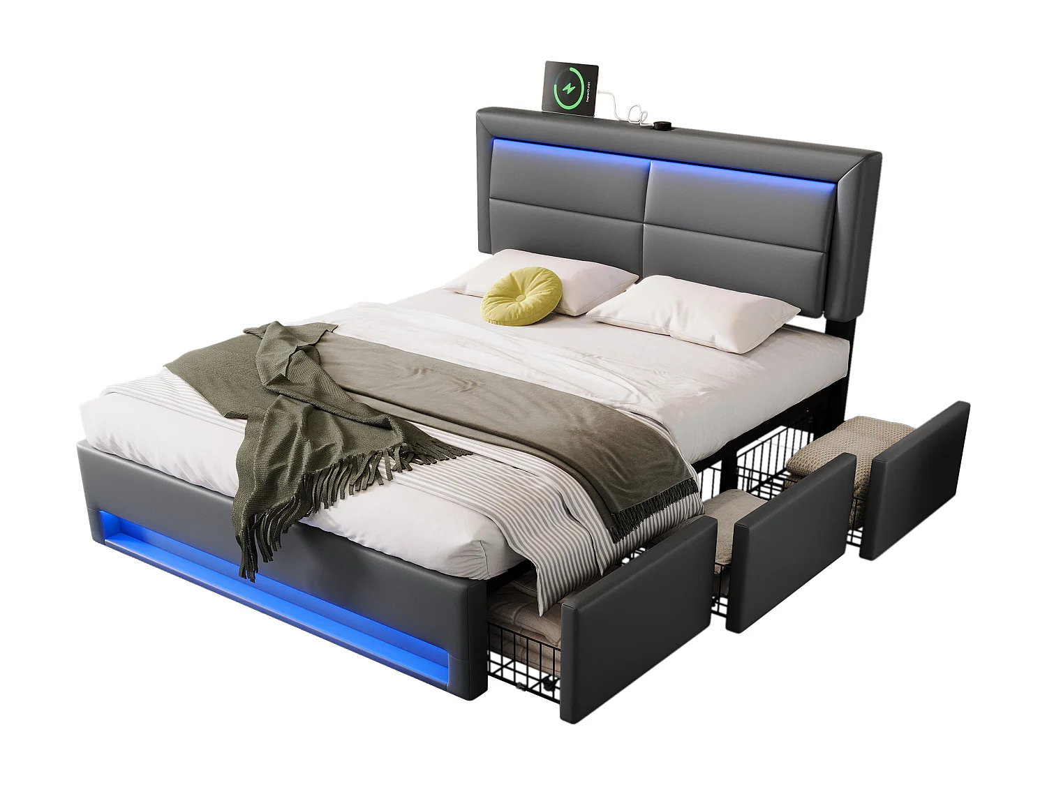 Opbergbed met lades 140x190 cm in kunstleer - met LED en oplaadpoorten (bedraad & draadloos) - Grijs