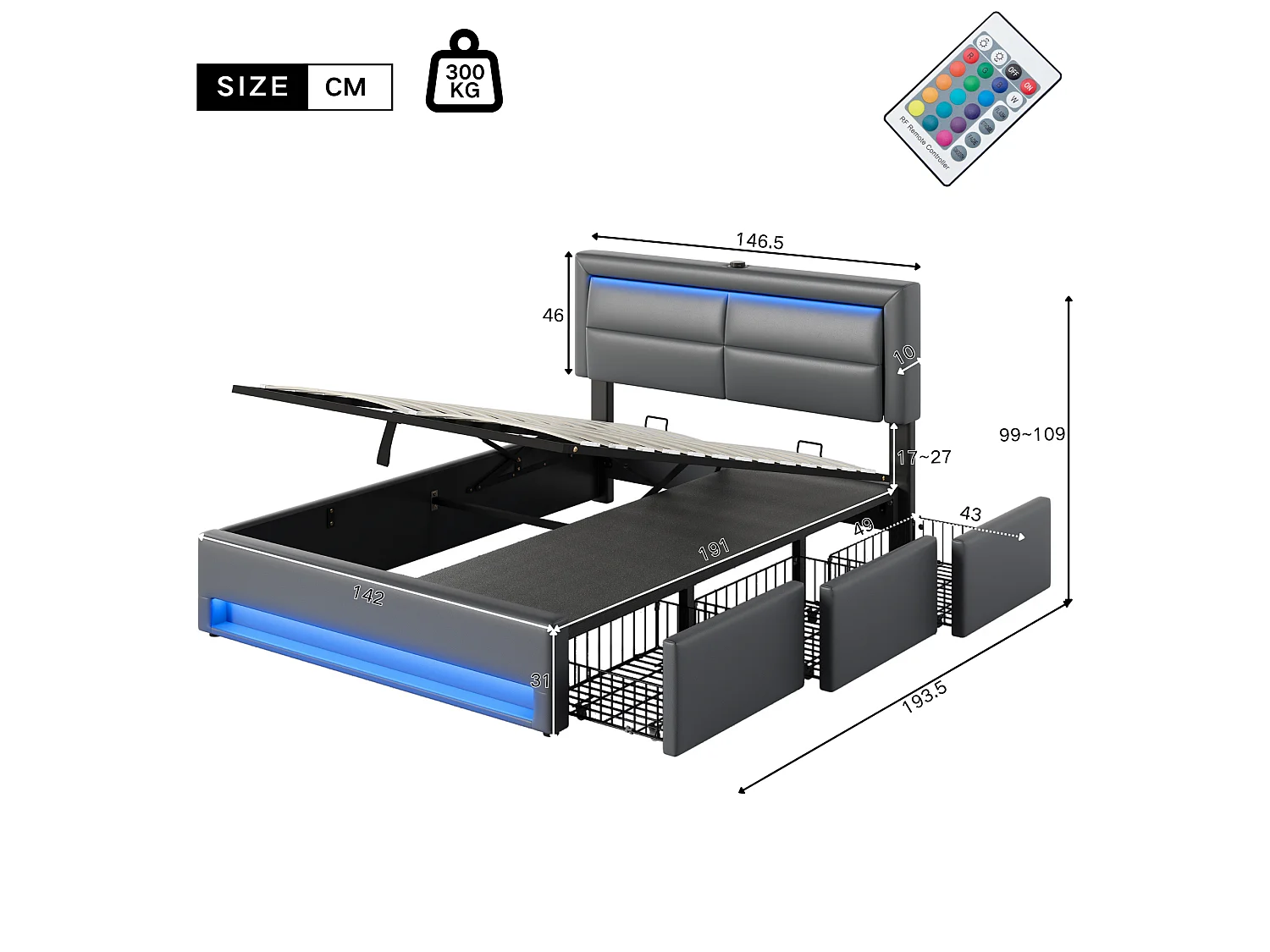 Opbergbed met lades 140x190 cm in kunstleer - met LED en oplaadpoorten (bedraad & draadloos) - Grijs