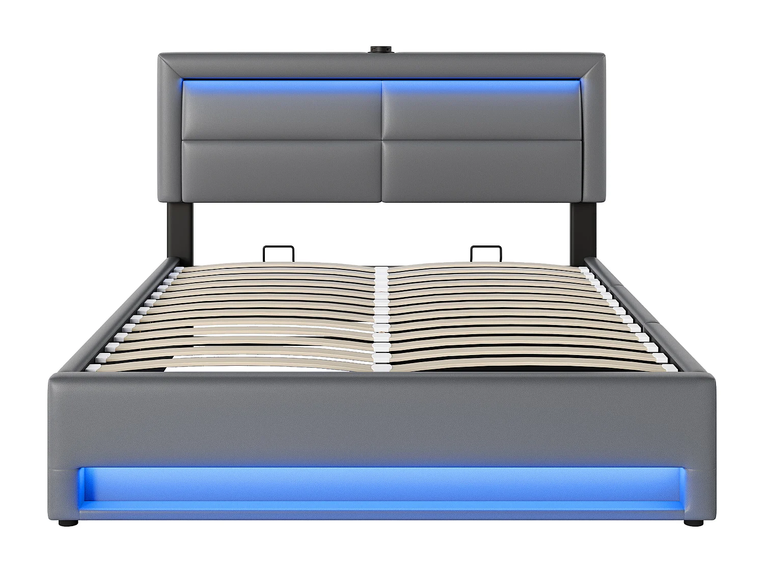 Opbergbed met lades 140x190 cm in kunstleer - met LED en oplaadpoorten (bedraad & draadloos) - Grijs