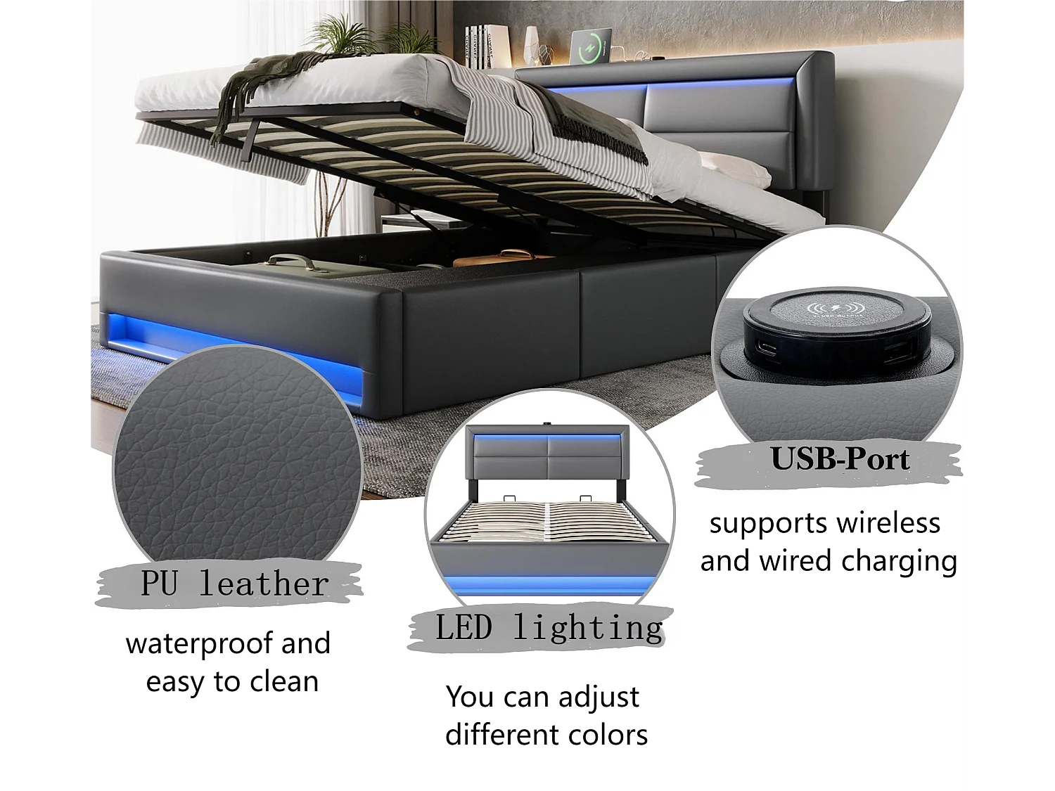 Lit coffre avec tiroirs 140x190 cm en similicuir - avec LED et ports de recharge (filaire & sans fil) - Gris