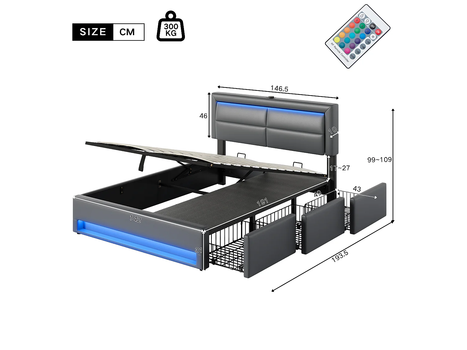 Lit coffre avec tiroirs 140x190 cm en similicuir - avec LED et ports de recharge (filaire & sans fil) - Gris