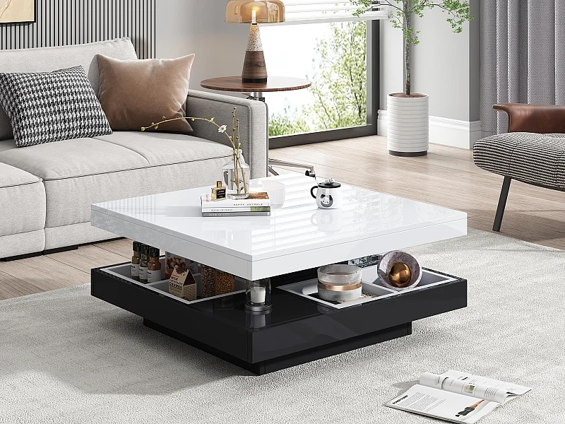 Couchtisch mit Stauraum 70 x 70 x 36 cm – glänzende Platte, um 360° drehbar – Weiß und Schwarz