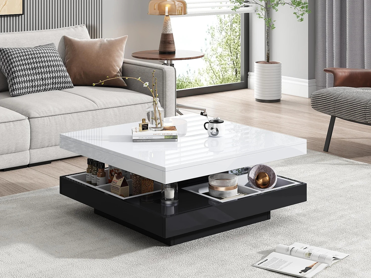 Stolik kawowy z przechowalnią 70x70x36 cm - błyszczący, obrotowy blat 360° - Biały i Czarny