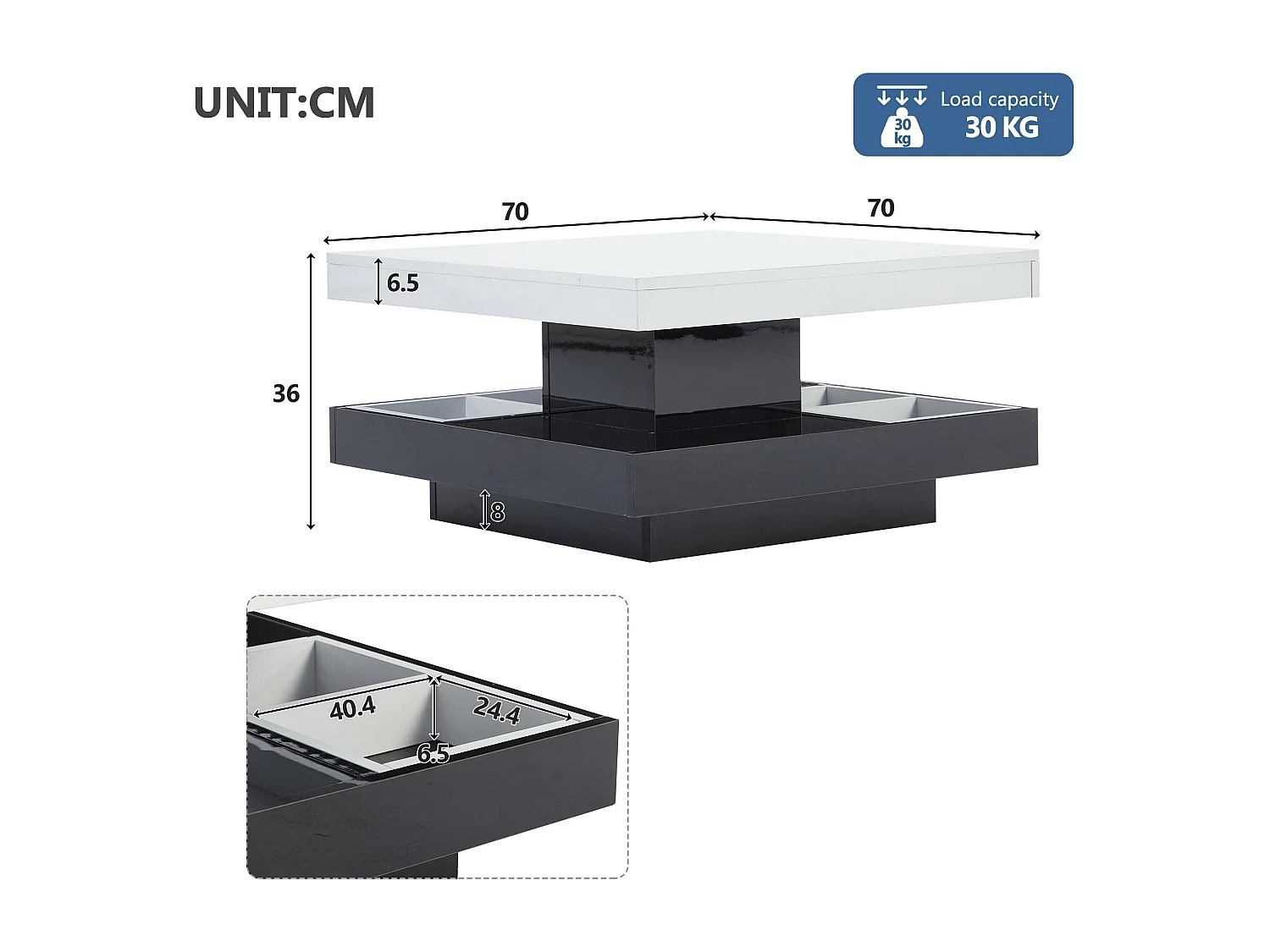Stolik kawowy z przechowalnią 70x70x36 cm - błyszczący, obrotowy blat 360° - Biały i Czarny