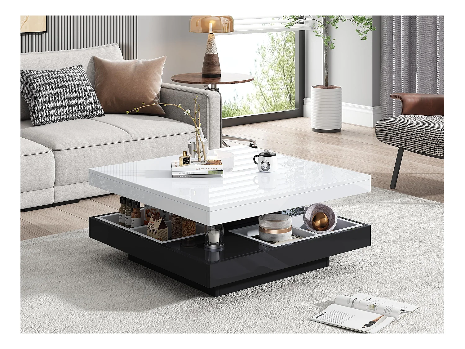 Table basse avec rangements 70x70x36 cm - plateau brillant orientable à 360° - Blanc & Noir