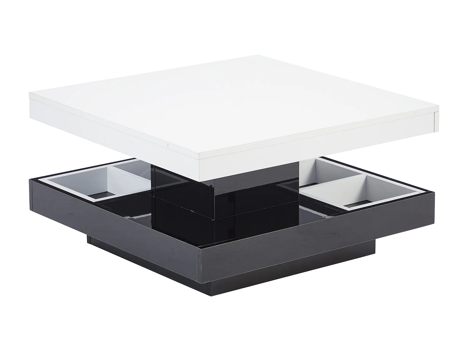 Table basse avec rangements 70x70x36 cm - plateau brillant orientable à 360° - Blanc & Noir