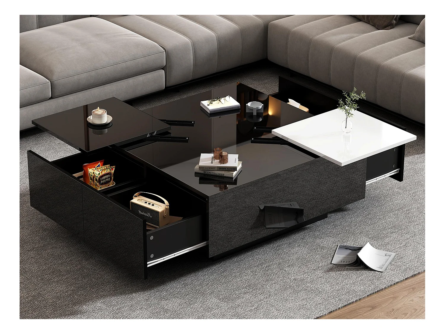 Table basse carré 75x75x33,5cm - avec 4 tiroirs - Noir