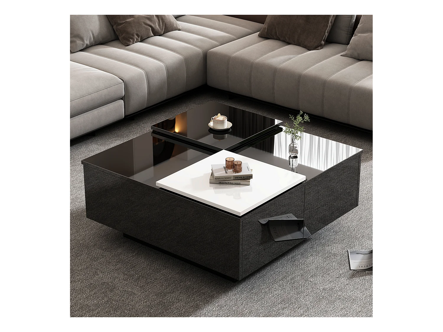 Table basse carré 75x75x33,5cm - avec 4 tiroirs - Noir