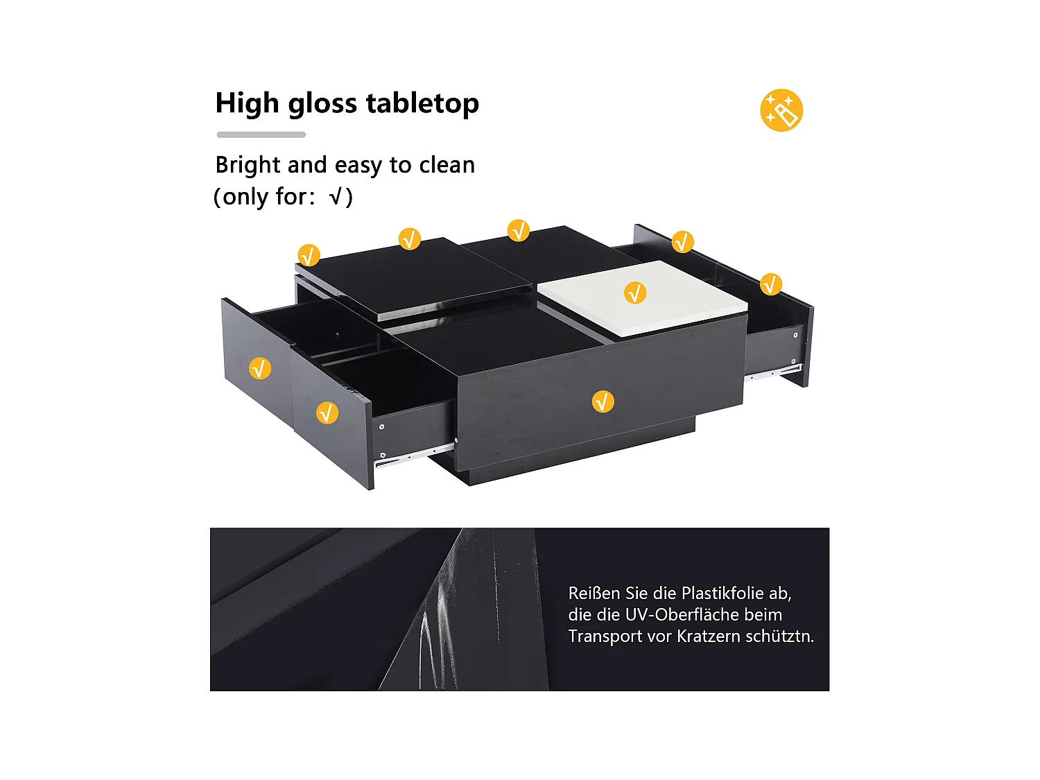 Table basse carré 75x75x33,5cm - avec 4 tiroirs - Noir