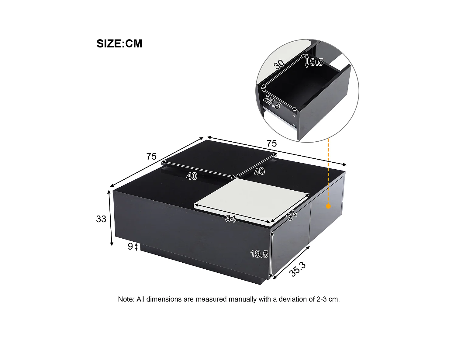 Table basse carré 75x75x33,5cm - avec 4 tiroirs - Noir