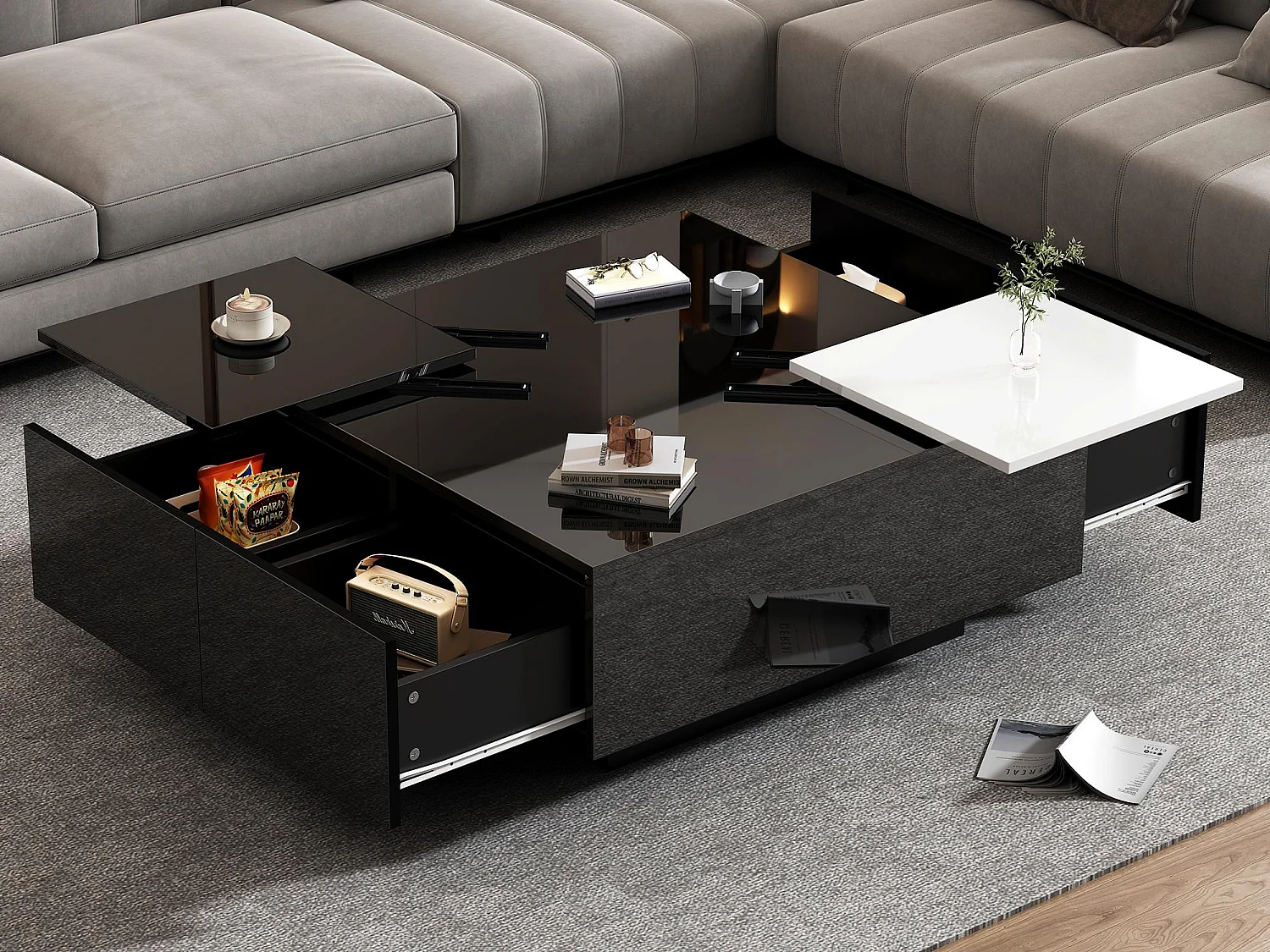 Tavolino quadrato 75x75x33,5 cm - con 4 cassetti - Nero