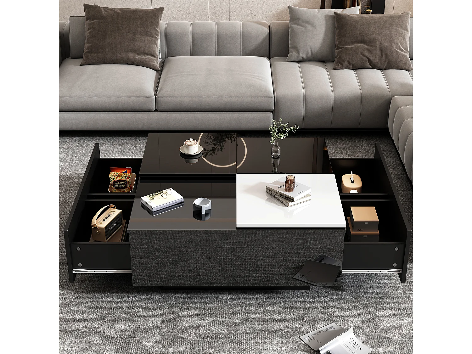 Tavolino quadrato 75x75x33,5 cm - con 4 cassetti - Nero