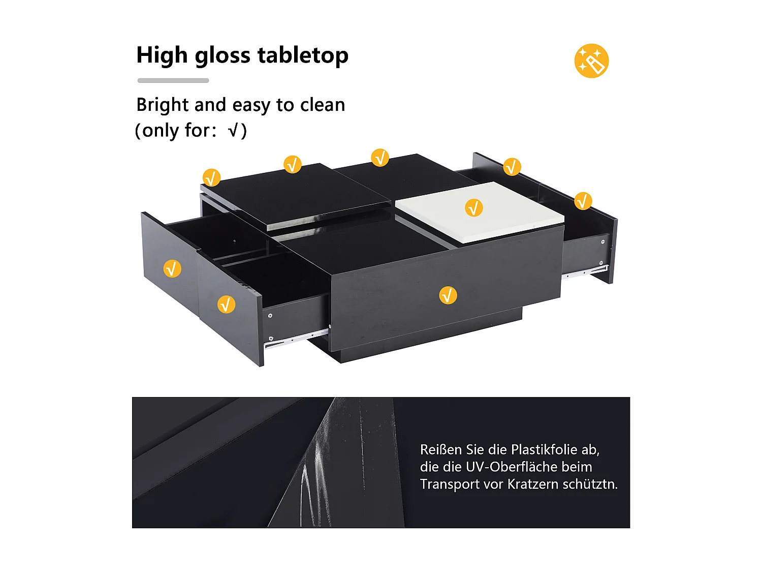 Tavolino quadrato 75x75x33,5 cm - con 4 cassetti - Nero