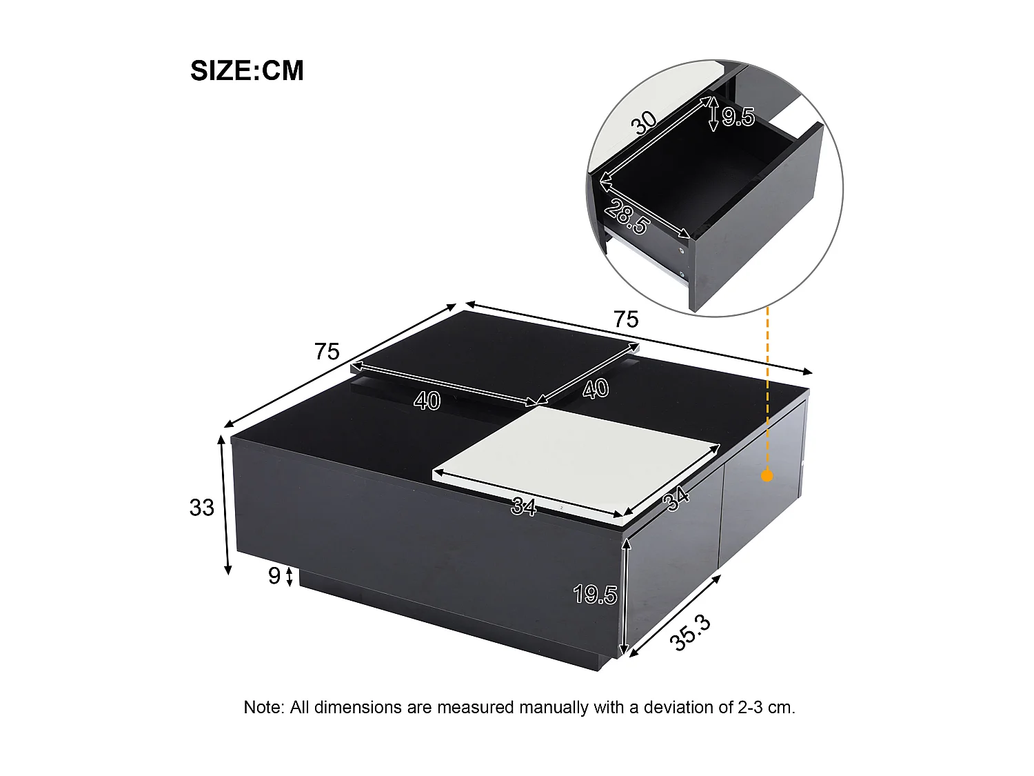 Tavolino quadrato 75x75x33,5 cm - con 4 cassetti - Nero