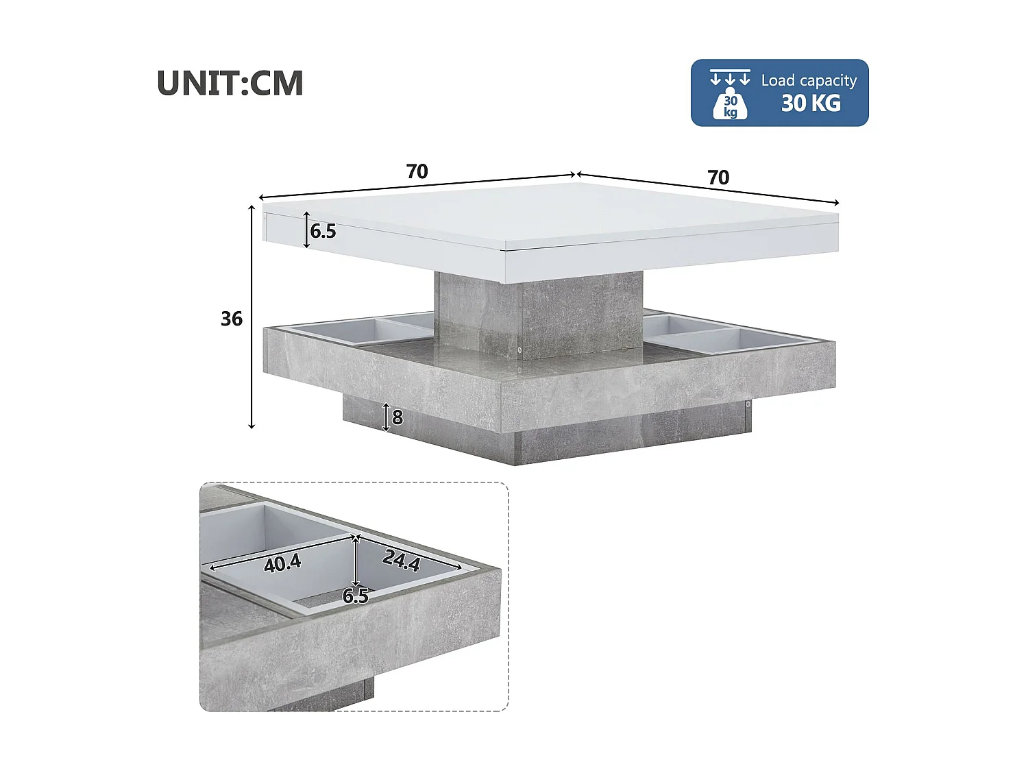 Salontafel met opbergruimte 70x70x36 cm - glanzend blad 360° draaibaar - Wit & Grijs