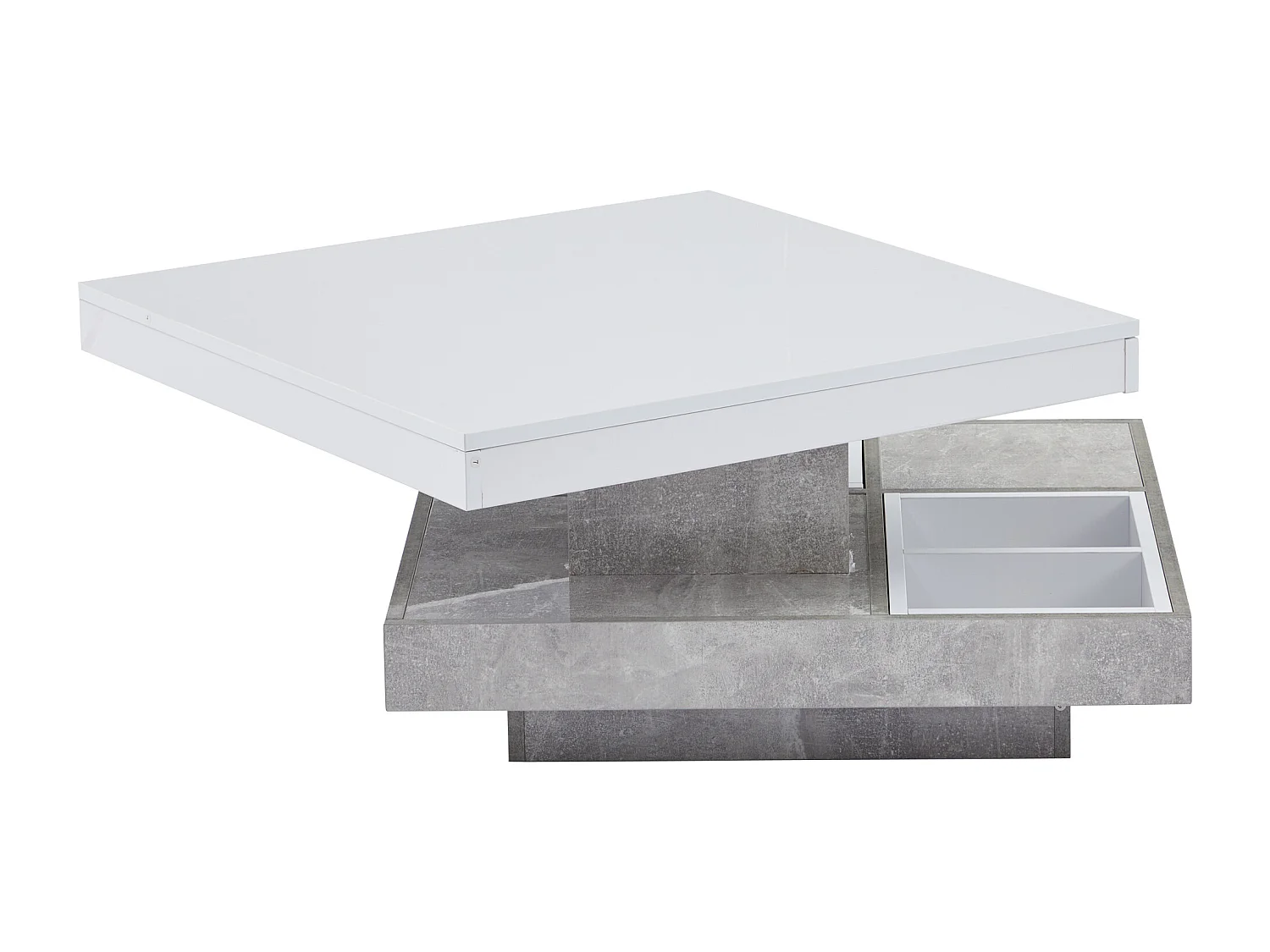 Salontafel met opbergruimte 70x70x36 cm - glanzend blad 360° draaibaar - Wit & Grijs