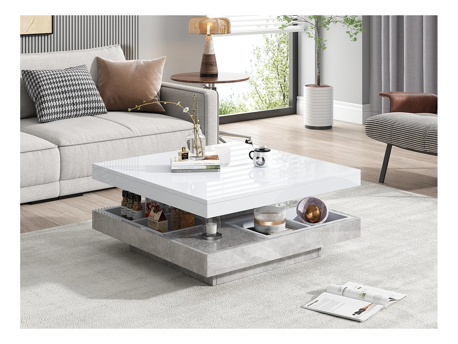 Table basse avec rangements 70x70x36 cm - plateau brillant orientable à 360° - Blanc & Gris