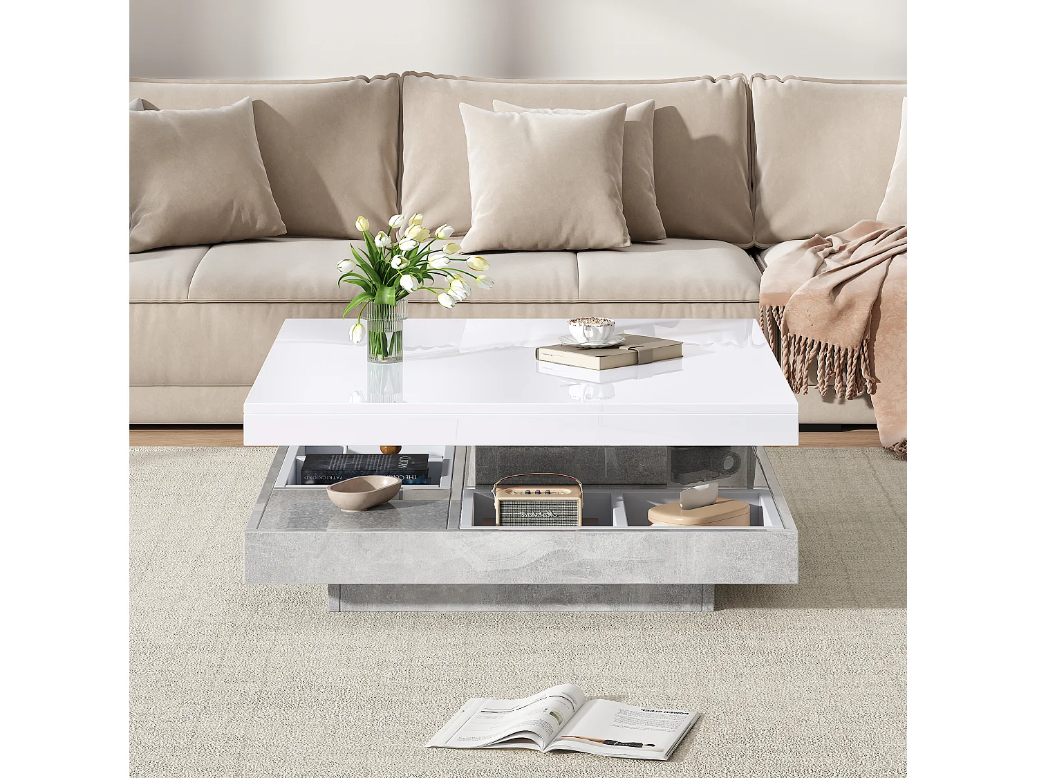 Table basse avec rangements 70x70x36 cm - plateau brillant orientable à 360° - Blanc & Gris