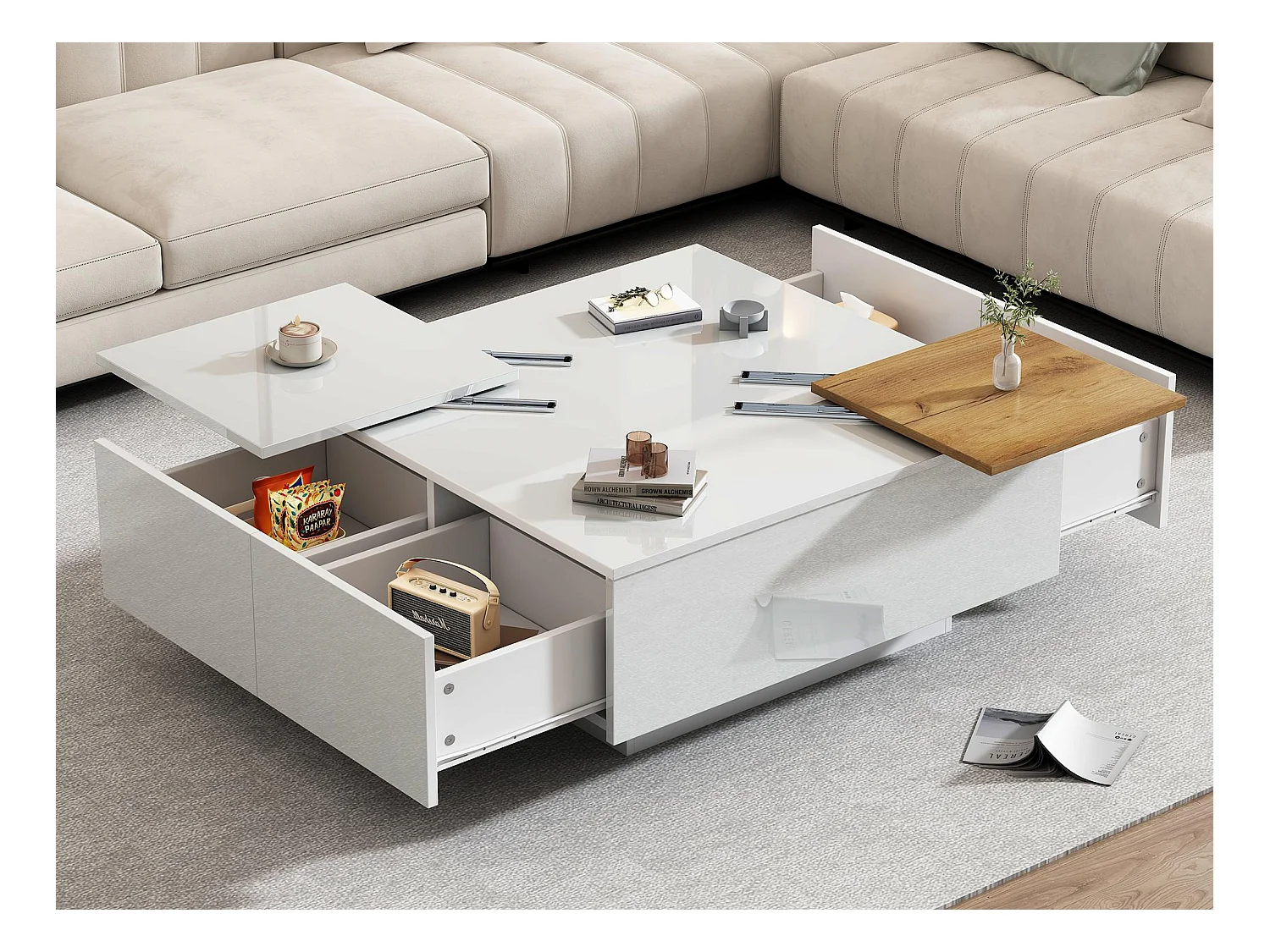 Table basse carré 75x75x33,5cm - avec 4 tiroirs - Blanc