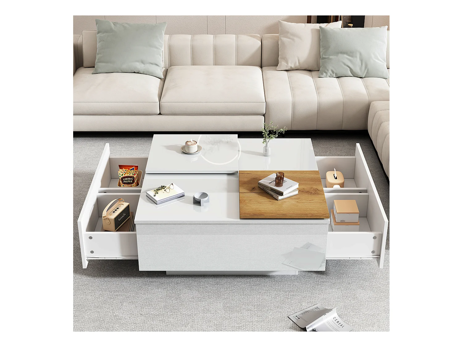 Table basse carré 75x75x33,5cm - avec 4 tiroirs - Blanc