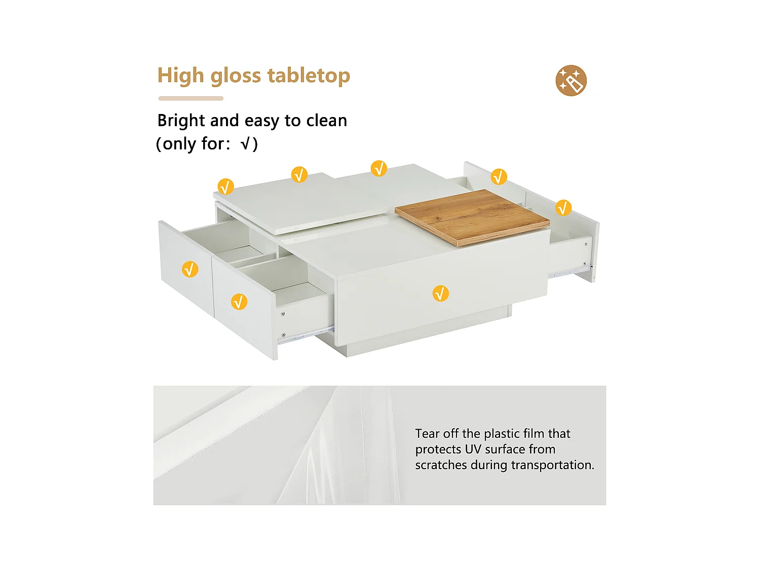 Table basse carré 75x75x33,5cm - avec 4 tiroirs - Blanc